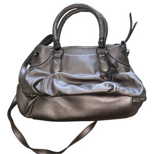 Jessica Simpson Metallic Pewter Faux Leather Satchel Style Purse EUC